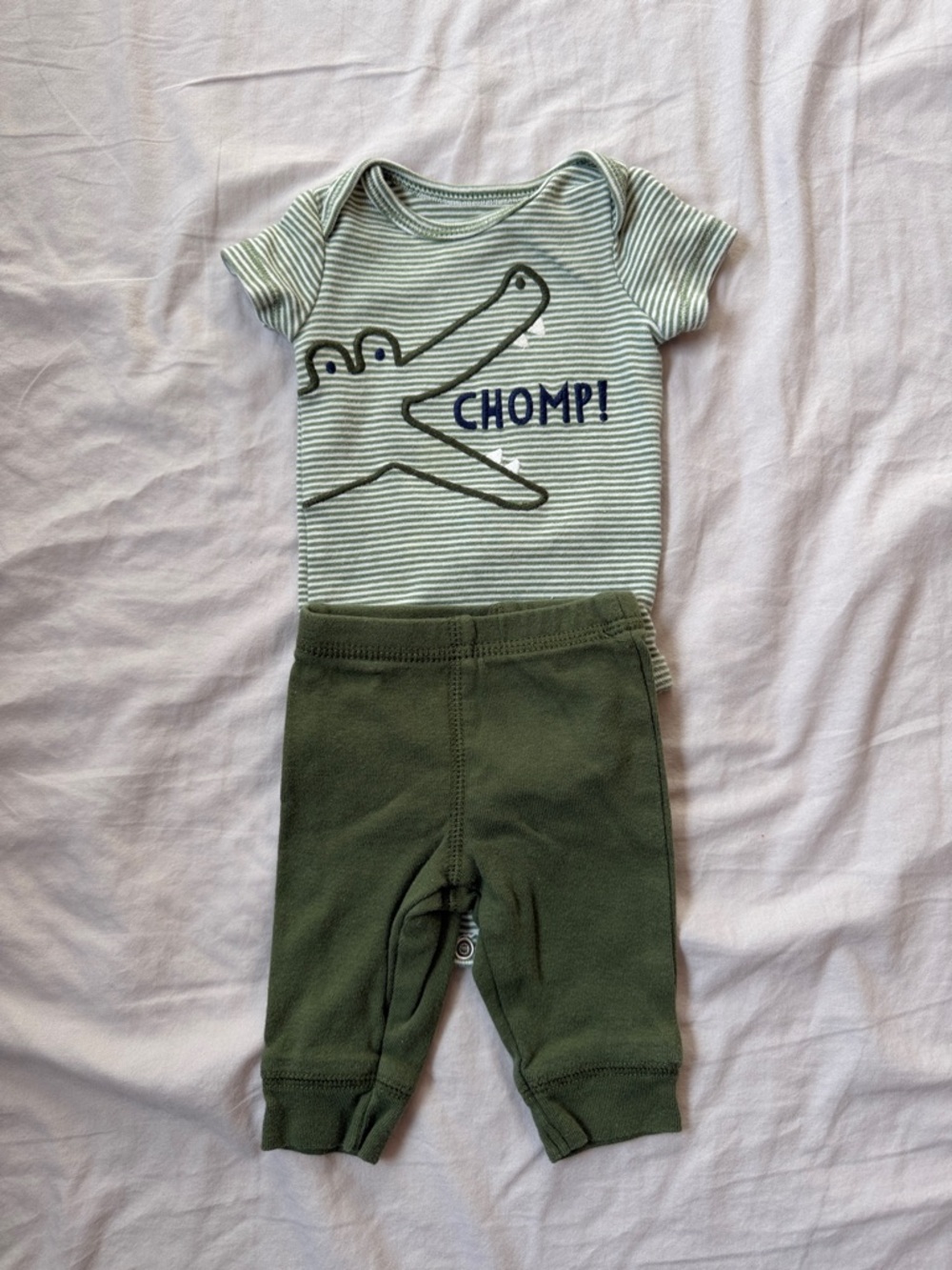 Carter's Green Striped 'Chomp!' Crocodile Bodysuit and Olive Pants Set